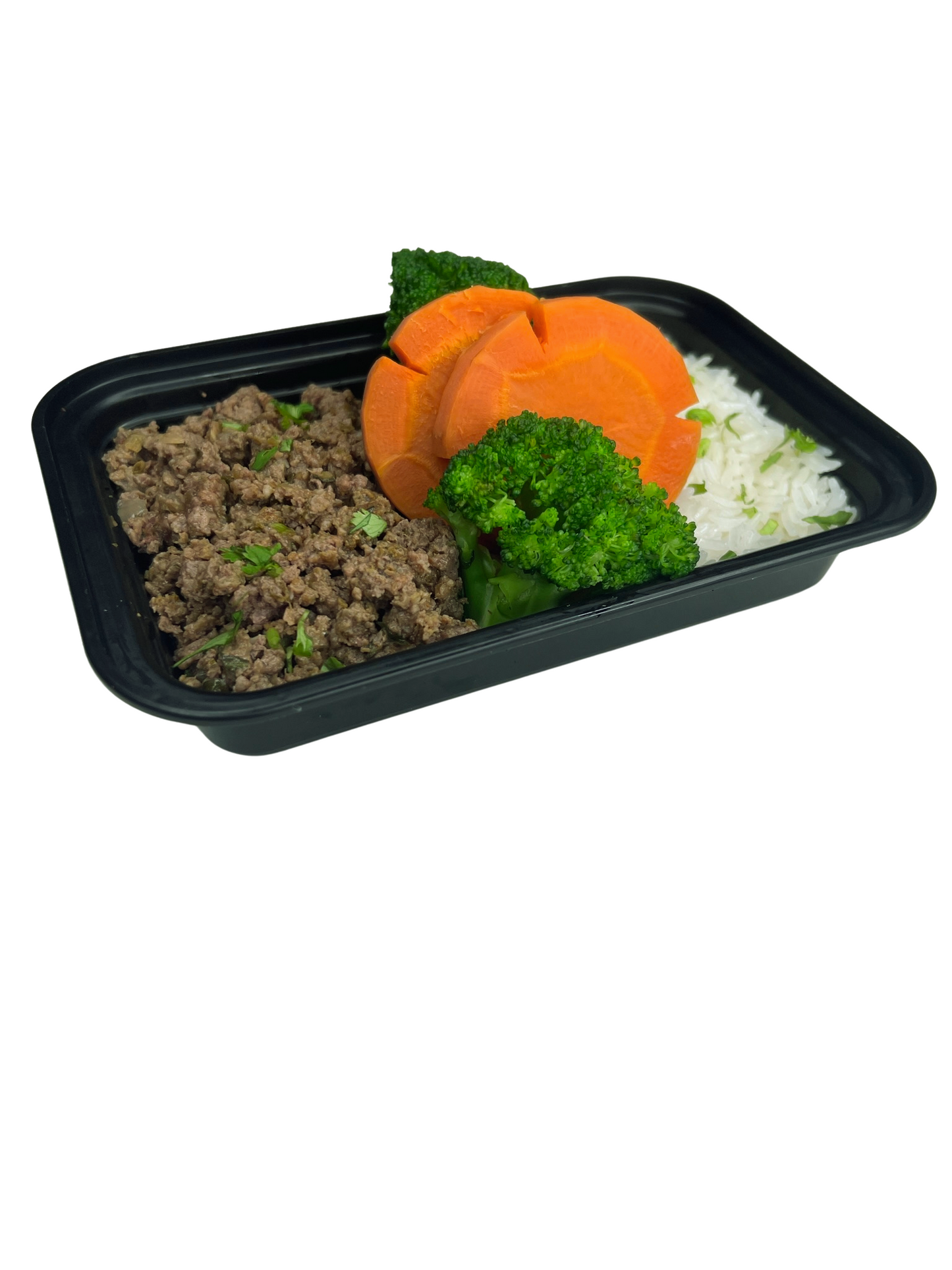 Carne molida de res con arroz jazmin, brocoli y zanahoria