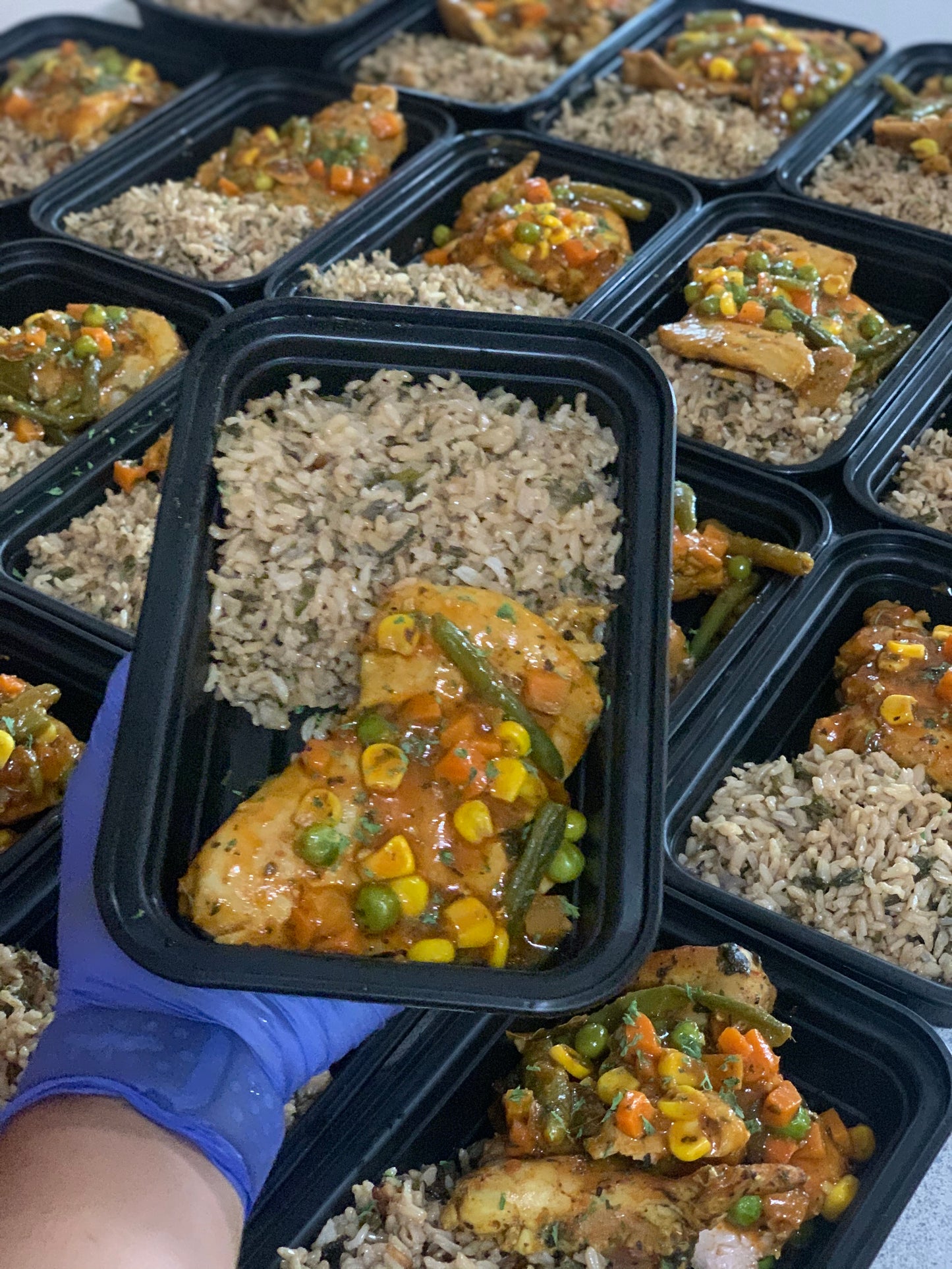 Arroz verde con caderas de pollo a la jardinera