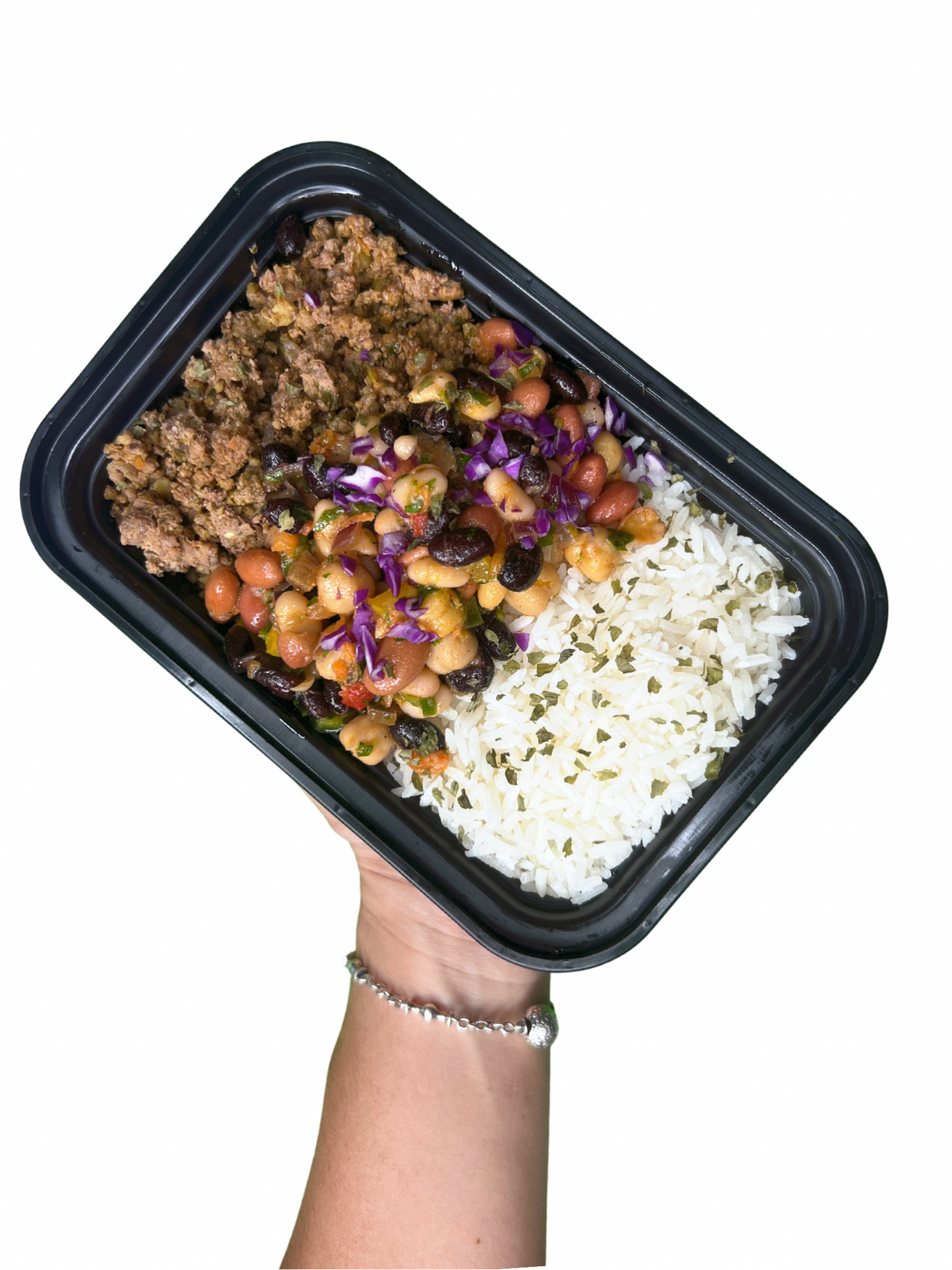 Carne molida de res con arroz jazmin y ensalada de granos